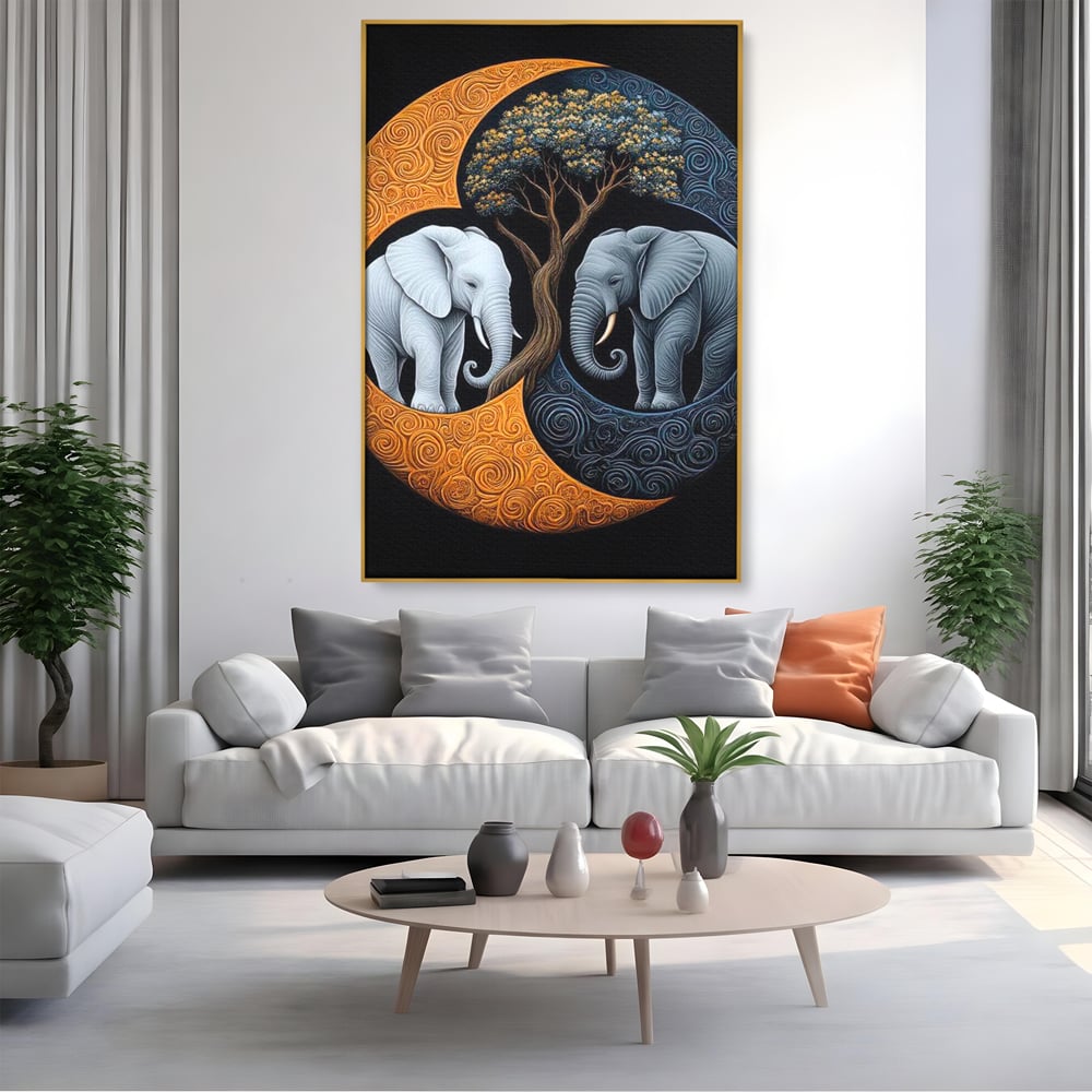 Tablou canvas cu tablou canvas cu elefanti si yin si yang, in rama de aluminiu auriu, pe perete intr-un living